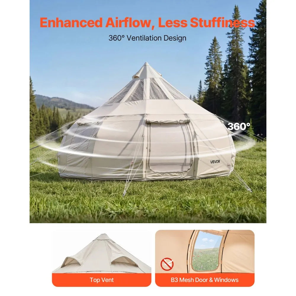 VEVOR 16.4 ft Canvas Bell Tent – 4 Season Glamping Yurt Tent with Stove Jack, Stargazing Roof & Rain Cover for 10-12 People