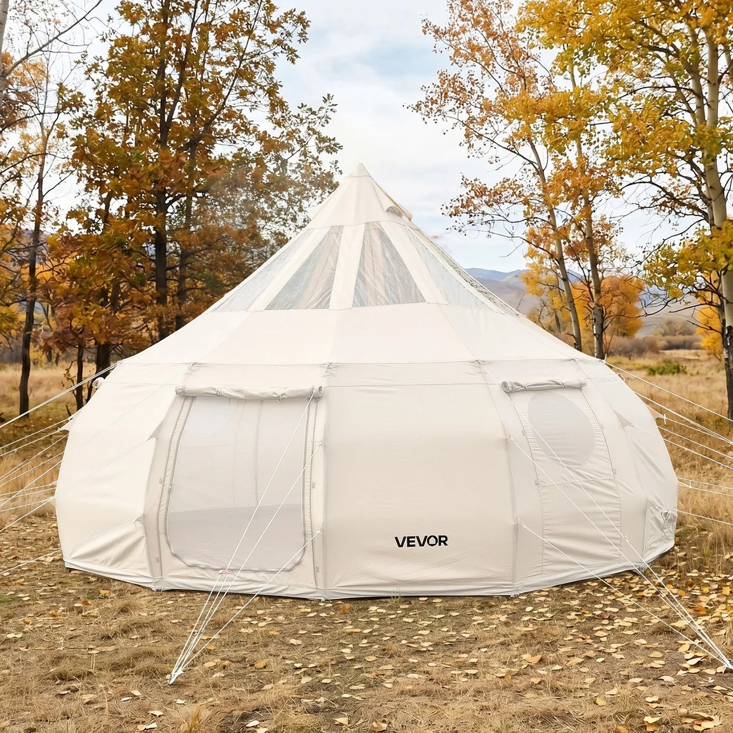 VEVOR 16.4 ft Canvas Bell Tent – 4 Season Glamping Yurt Tent with Stove Jack, Stargazing Roof & Rain Cover for 10-12 People