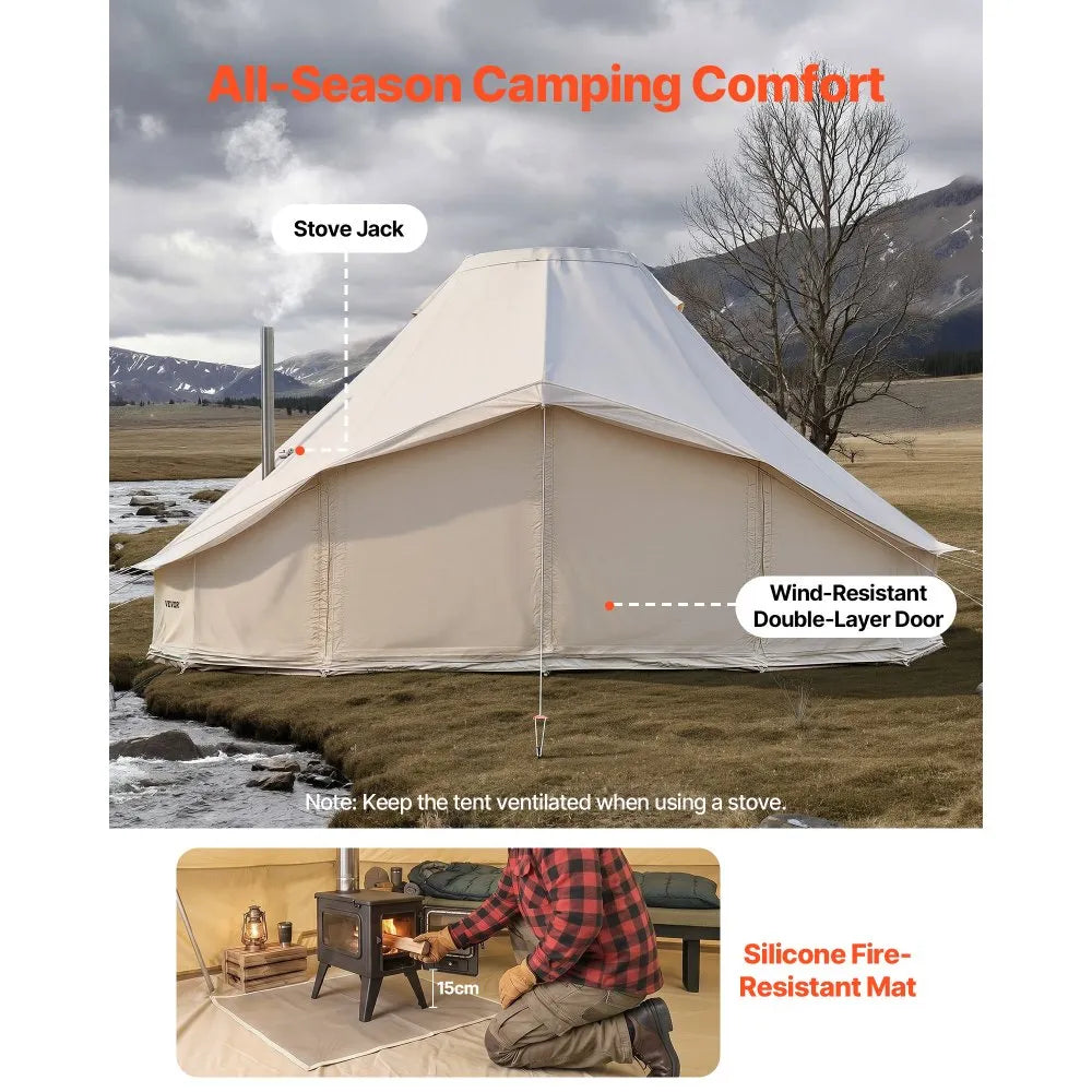 VEVOR 6 x 4 m Canvas Bell Tent – 4 Season Glamping Yurt Tent with Stove Jack for 10-12 People