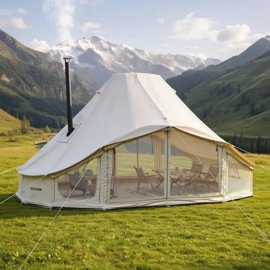 VEVOR 6 x 4 m Canvas Bell Tent – 4 Season Glamping Yurt Tent with Stove Jack for 10-12 People