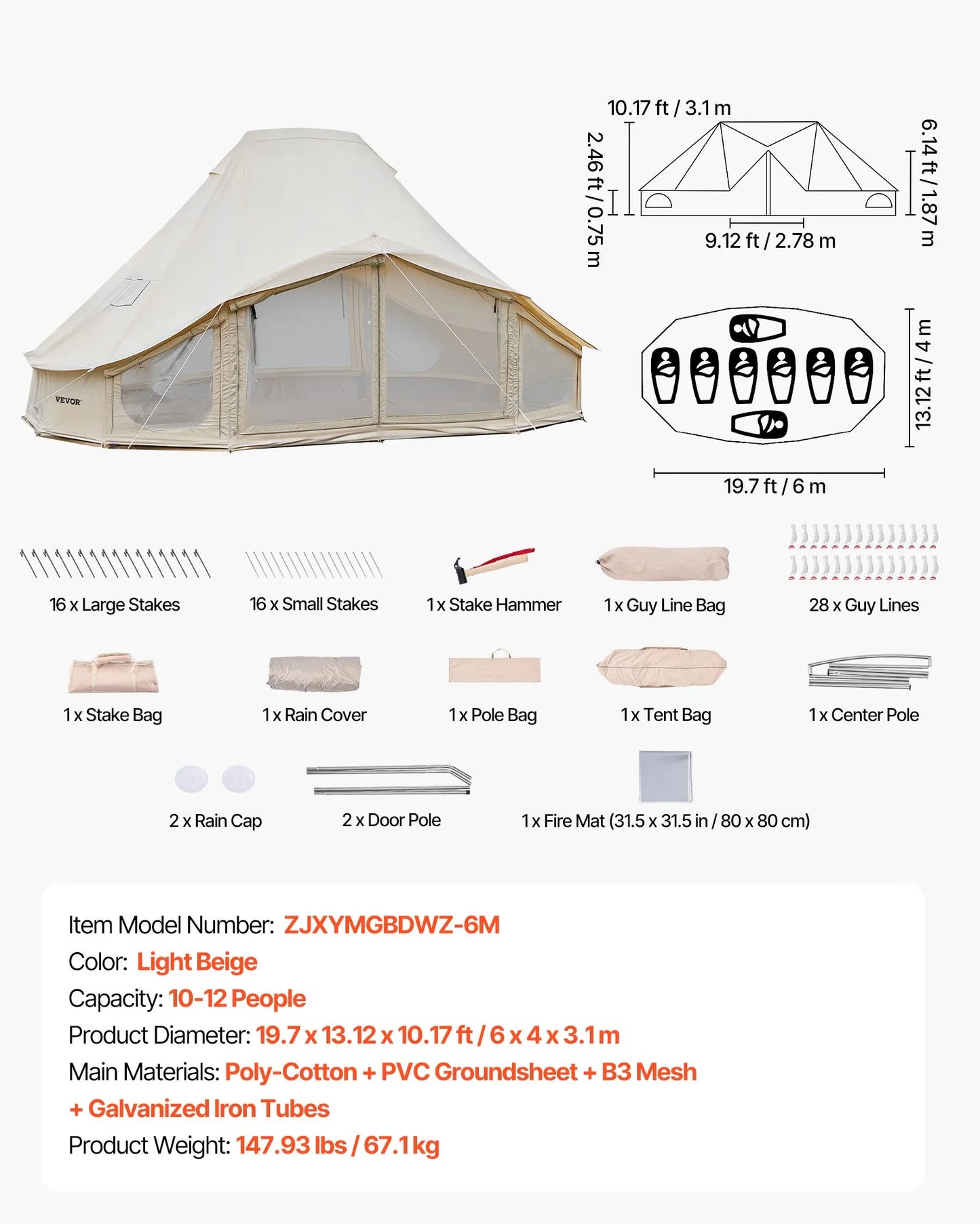 VEVOR 6 x 4 m Canvas Bell Tent – 4 Season Glamping Yurt Tent with Stove Jack for 10-12 People