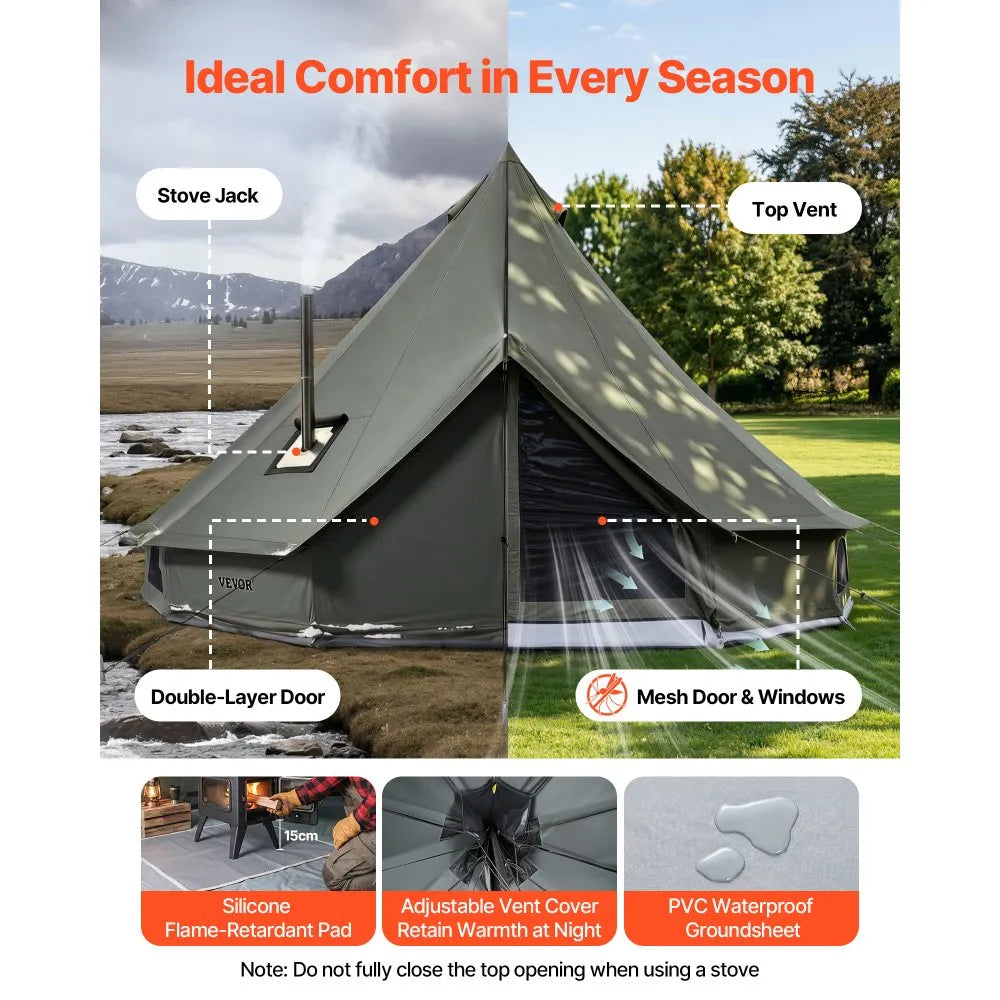 VEVOR 13.12 ft Canvas Bell Tent – 4 Season Glamping Yurt Tent with Stove Jack for 3-4 People