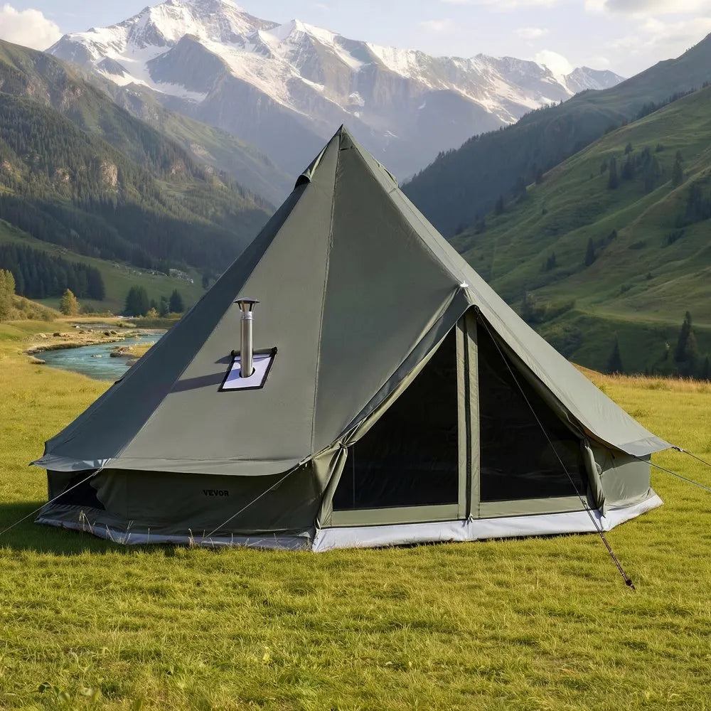 VEVOR 13.12 ft Canvas Bell Tent – 4 Season Glamping Yurt Tent with Stove Jack for 3-4 People