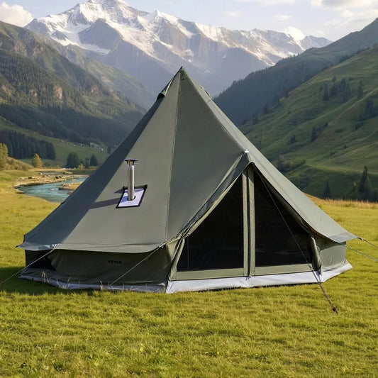 VEVOR 13.12 ft Canvas Bell Tent – 4 Season Glamping Yurt Tent with Stove Jack for 3-4 People