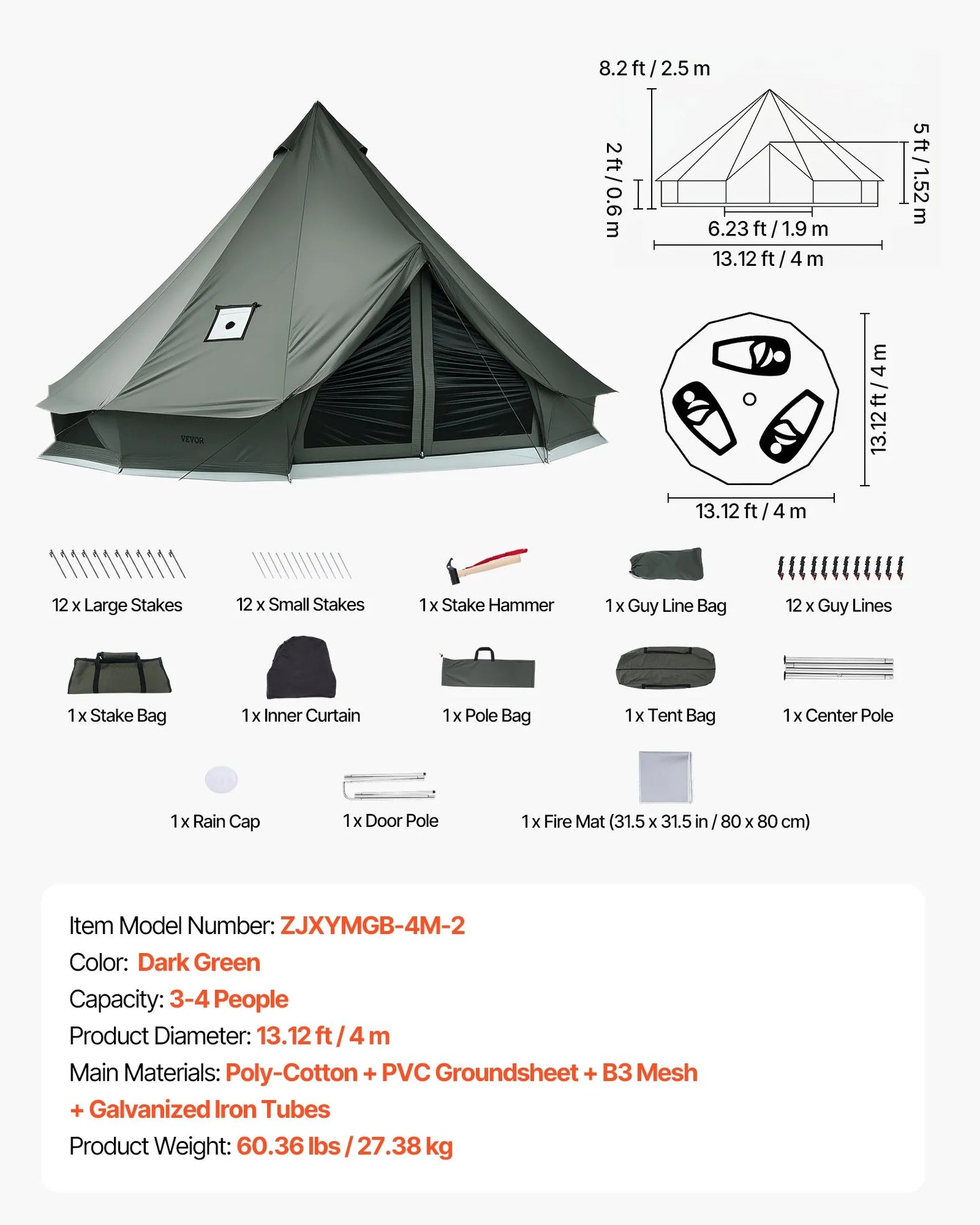VEVOR 13.12 ft Canvas Bell Tent – 4 Season Glamping Yurt Tent with Stove Jack for 3-4 People