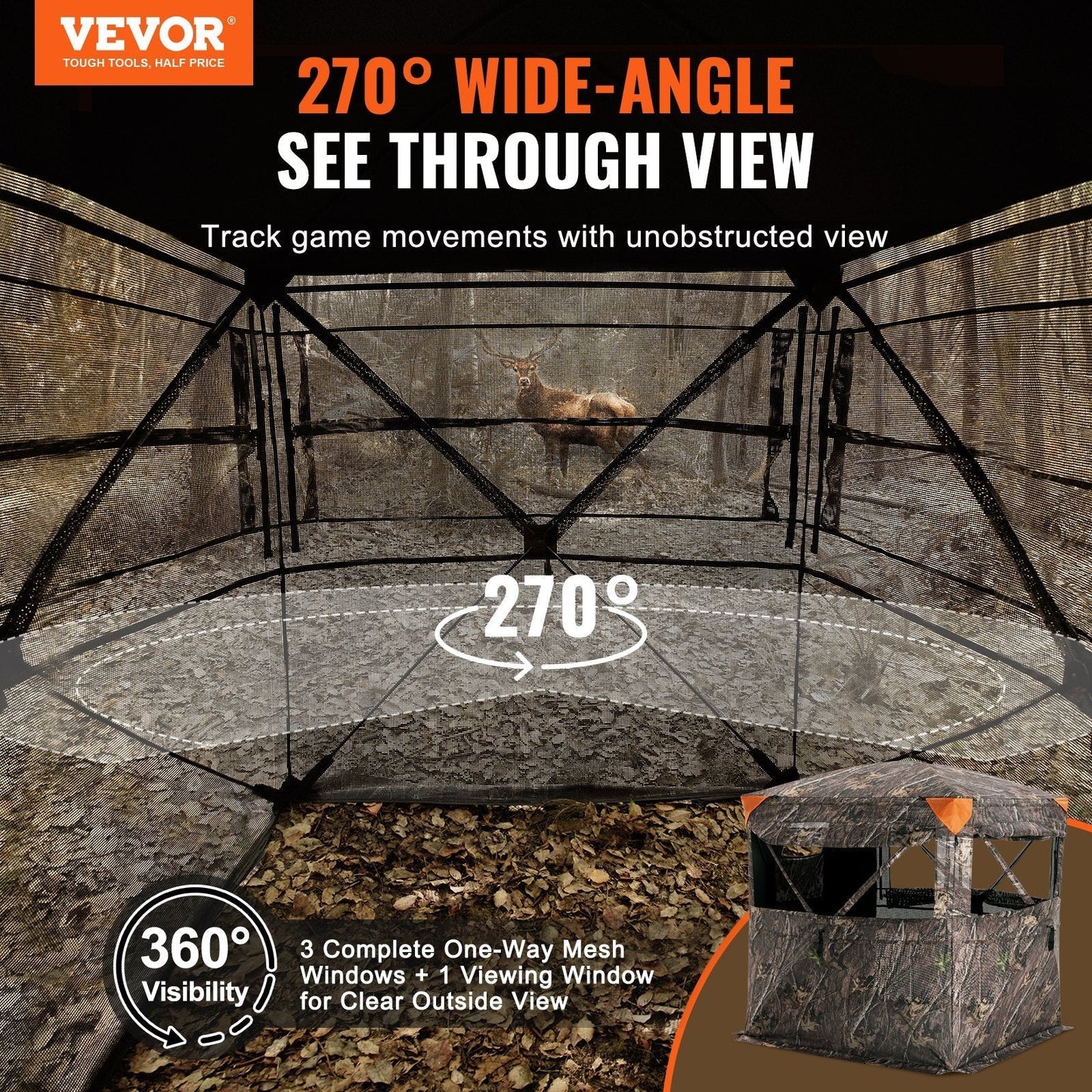 VEVOR Hunting Blind 270° See Through Ground Blind One-Way Mesh for 2-3 Person totalfindz