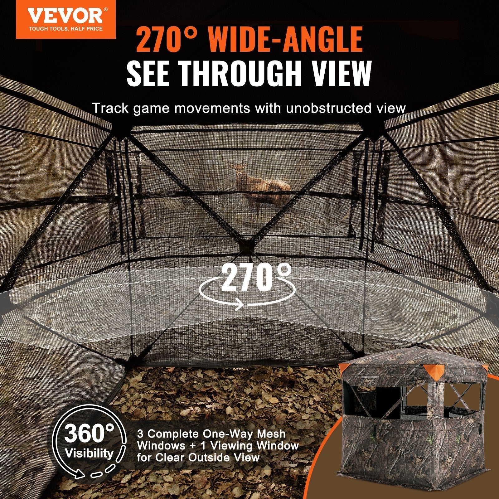 VEVOR Hunting Blind 270° See Through Ground Blind One-Way Mesh for 2-3 Person totalfindz