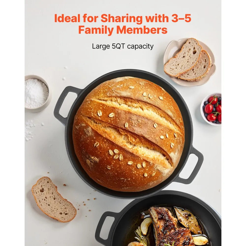 VEVOR 5 Qt Cast Iron Dutch Oven for Bread Baking, 2-in-1 Pre-Seasoned Dutch Oven with Skillet Lid, Proofing Basket & Baking Accessories Included, Oven Safe to 500°F