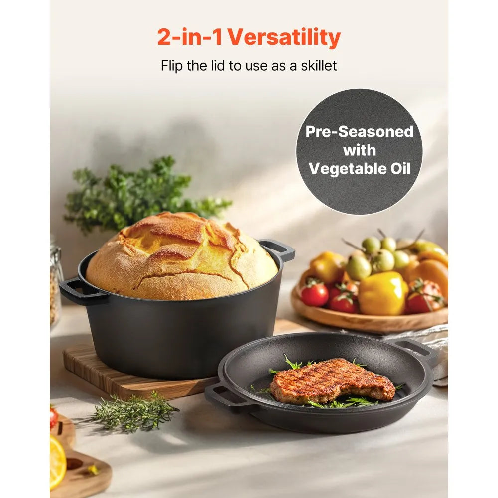 VEVOR 5 Qt Cast Iron Dutch Oven for Bread Baking, 2-in-1 Pre-Seasoned Dutch Oven with Skillet Lid, Proofing Basket & Baking Accessories Included, Oven Safe to 500°F