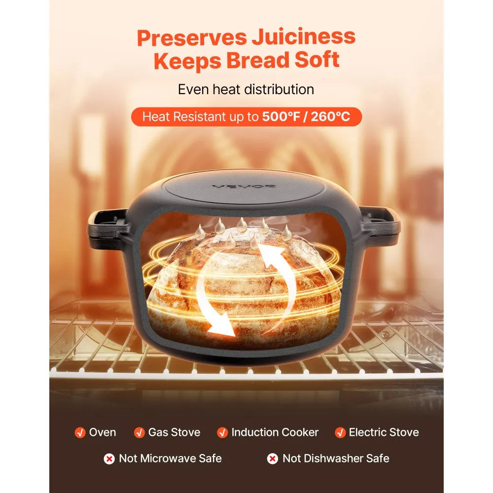 VEVOR 5 Qt Cast Iron Dutch Oven for Bread Baking, 2-in-1 Pre-Seasoned Dutch Oven with Skillet Lid, Proofing Basket & Baking Accessories Included, Oven Safe to 500°F