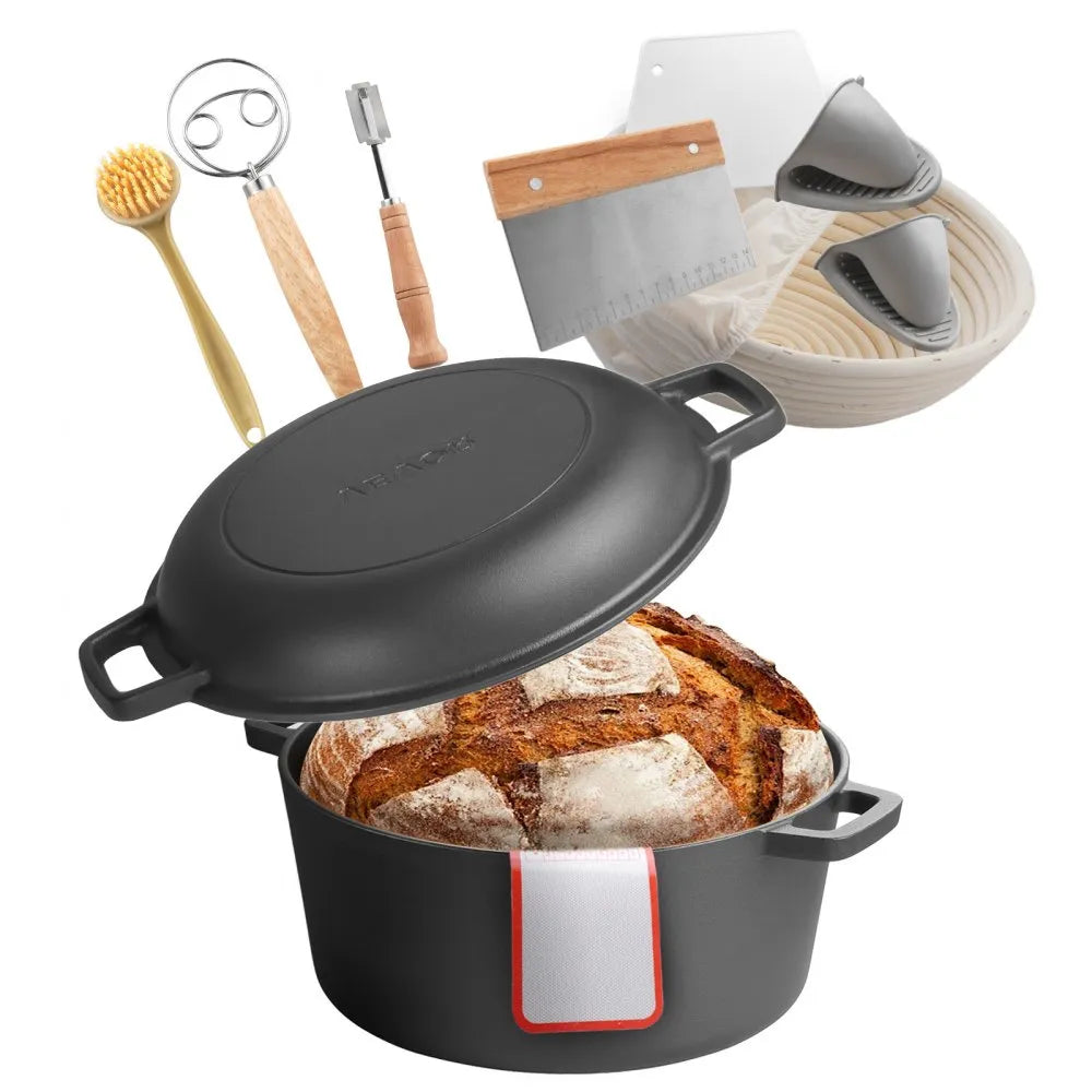 VEVOR 5 Qt Cast Iron Dutch Oven for Bread Baking, 2-in-1 Pre-Seasoned Dutch Oven with Skillet Lid, Proofing Basket & Baking Accessories Included, Oven Safe to 500°F